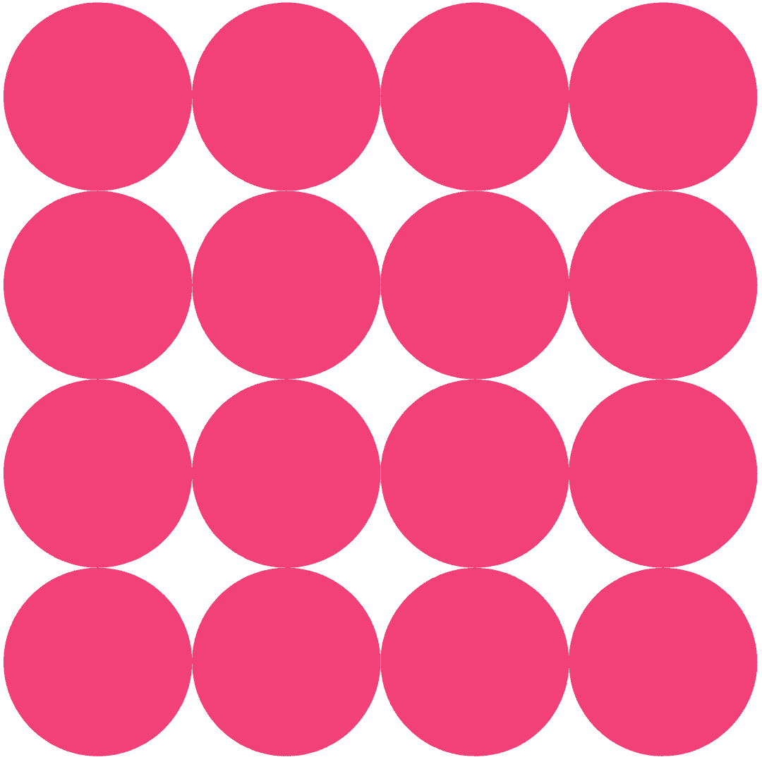Sixteen evenly spaced pink circles arranged in a 4 by 4 grid on a darker pink background.