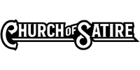 Logo with the words "Church of Satire" in bold white text on a black background, with decorative font for the letters C and S.