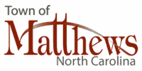 Logo for the Town of Matthews, North Carolina, with "Matthews" in large red text and "Town of" and "North Carolina" in smaller letters above and below.